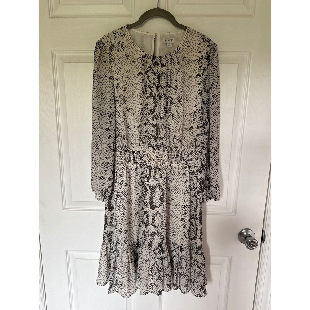 J.Crew Snakeskin Print Smocked Waist Ruffle Hem Dress Grey White Medium